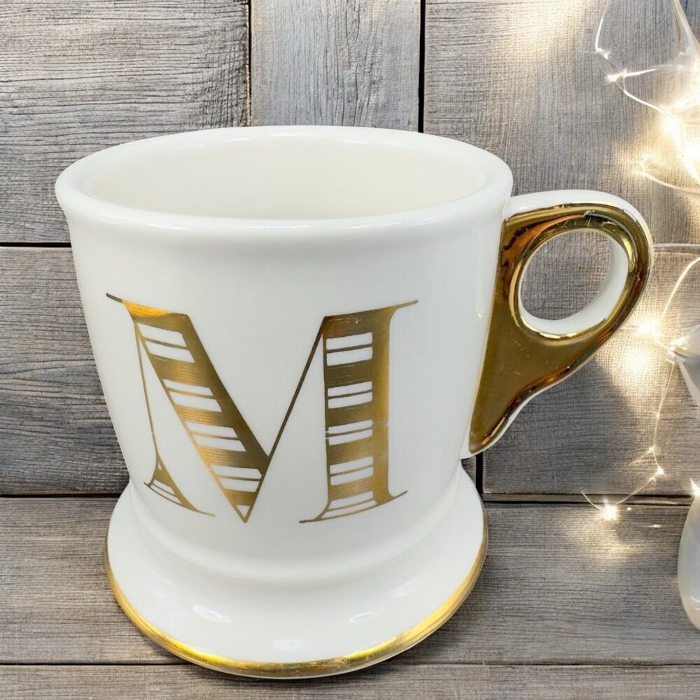 Anthropologie Monogram Cup Mug Initial Letter M Coffee Mug Cup Ceramic Gold Trim